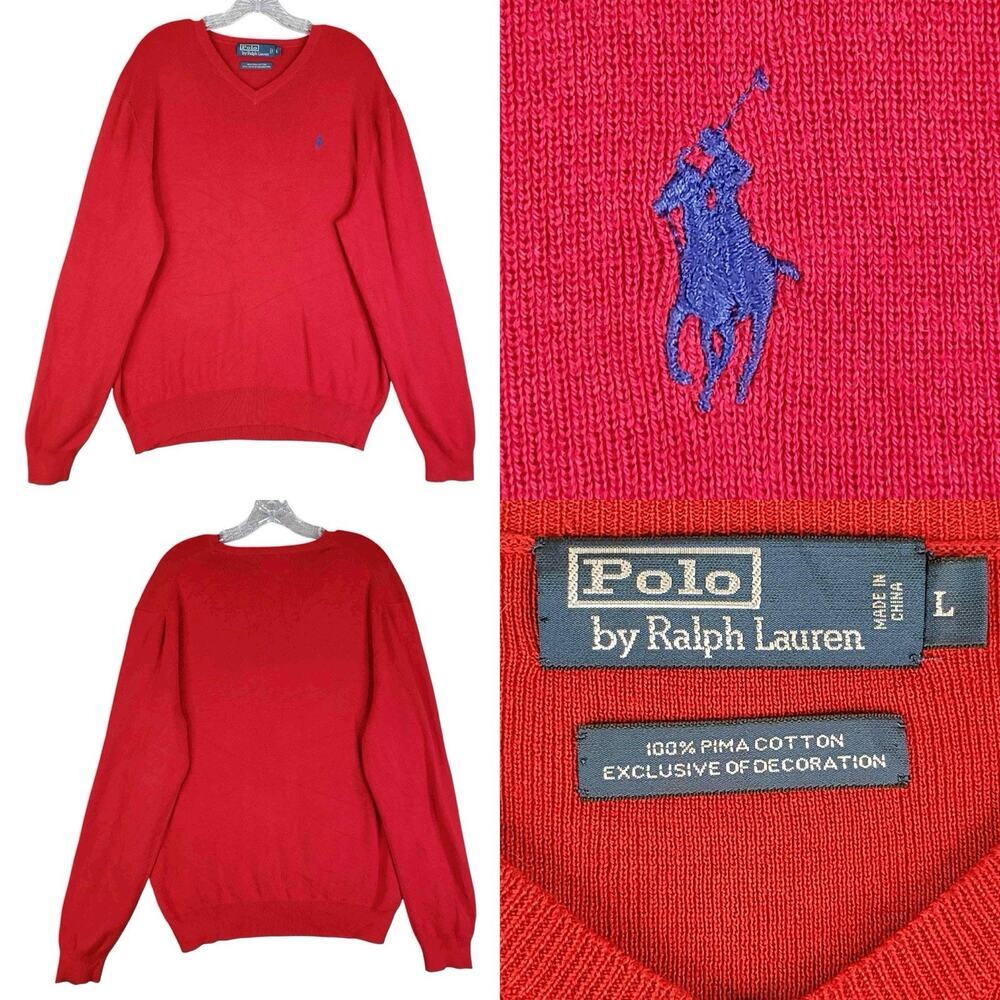 Polo‎ Ralph Lauren Sweater Mens Pullover Red Size Large L Pima Cotton Vtg